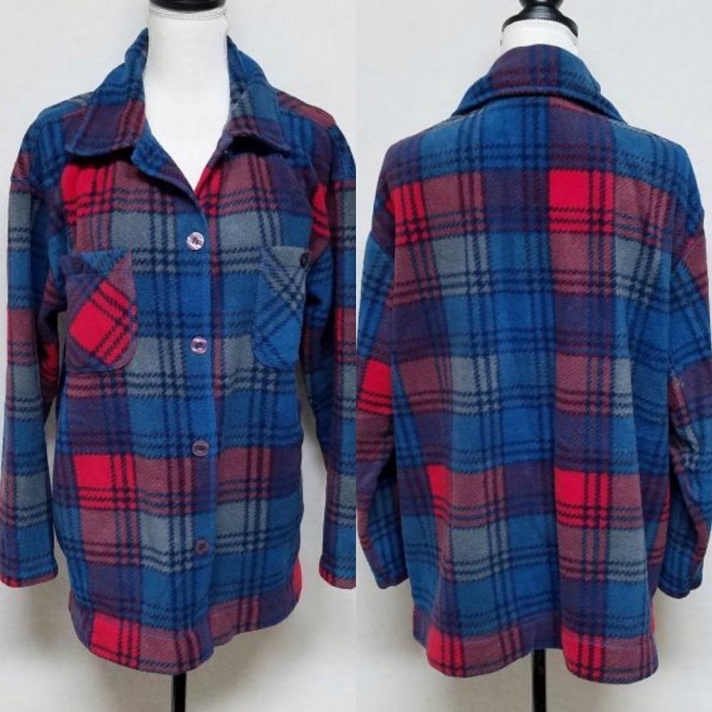 VINTAGE Retro 90s/Y2K Basic Editions Red Blue Soft Fleece Button Up Coat Large